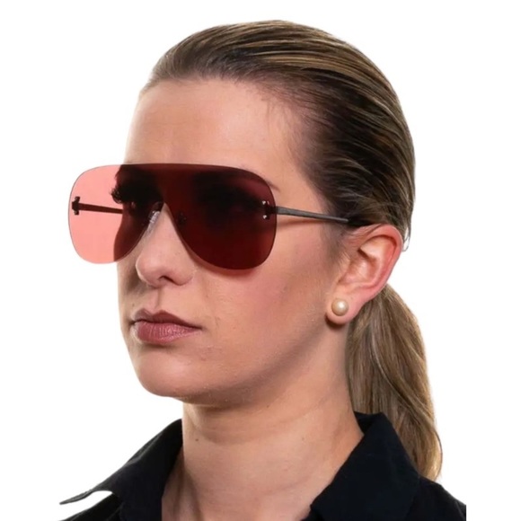 $370 Emilio Pucci Shield Sunglasses Silver Frame Red Lens Temple Logos Designer